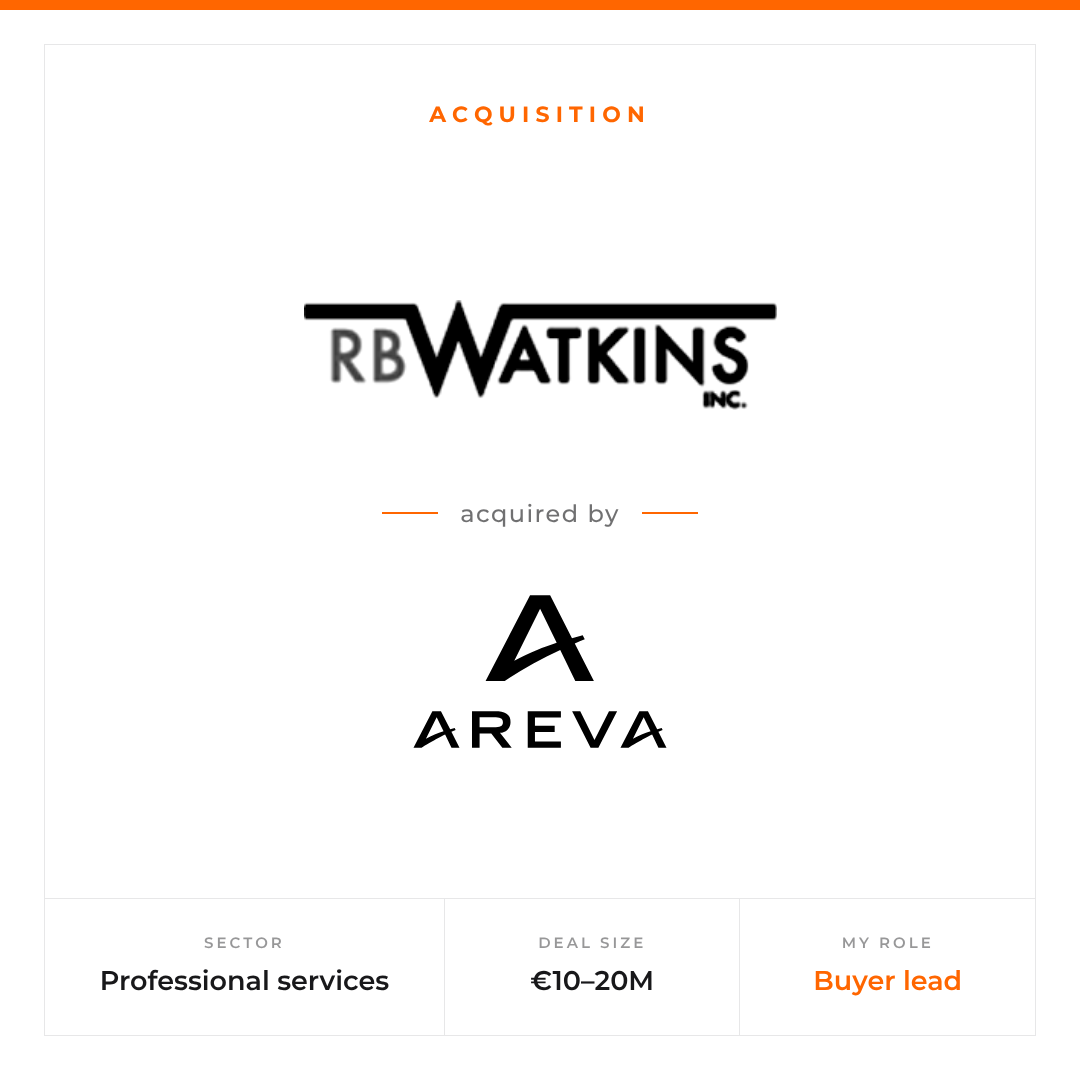 RB Watkins acquired by Areva, professional services, €10–20M, Alexis Hue as buyer lead
